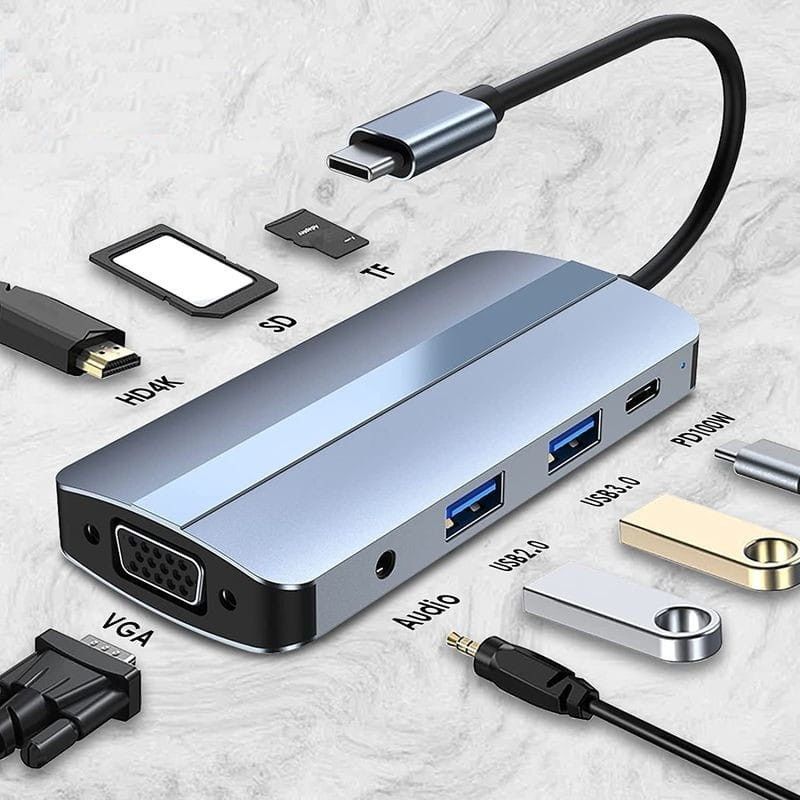 Hub USB BYL-2105 8 em 1 USB-C /USB 3.0+2.0+USB Tipo C+VGA+HDMI+microSD+TF Prata
