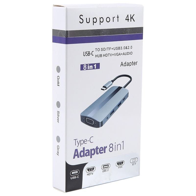 Hub USB BYL-2105 8 em 1 USB-C /USB 3.0+2.0+USB Tipo C+VGA+HDMI+microSD+TF Prata