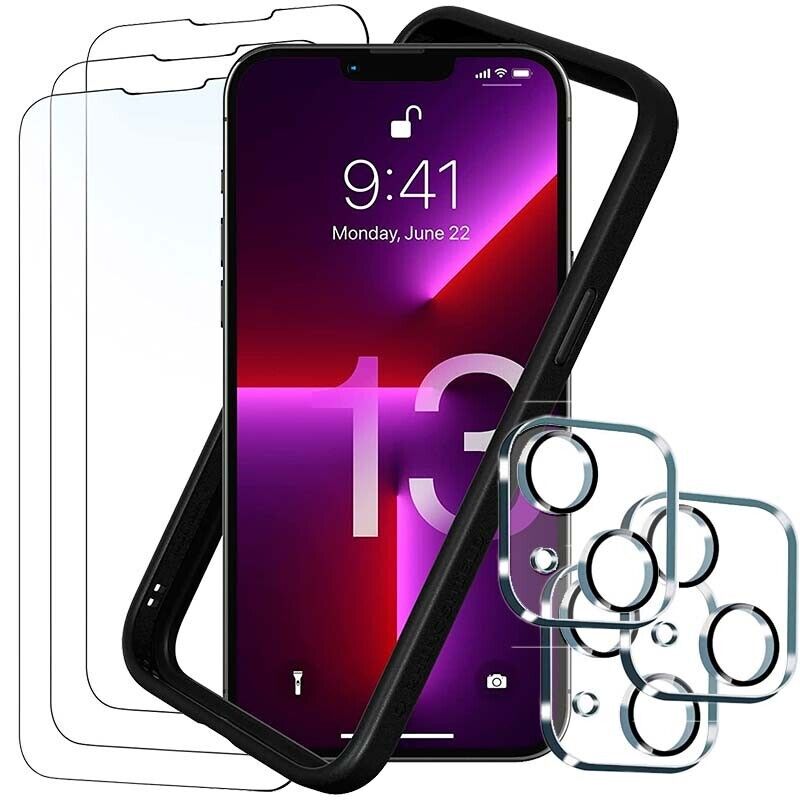 Pack de acessórios iPhone 13 com 3 Película de ecrã + 3 Película de vidro para cámara + Capa Bumper