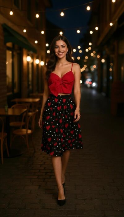 Conjunto com top vermelho de alças finas e saia midi preta estampada com corações, de proposta romântica, feminina e marcante.