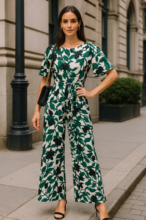 Mono estampado em verde, off-white e preto, com cintura ajustável e perna ampla, de proposta elegante, moderna e sofisticada.