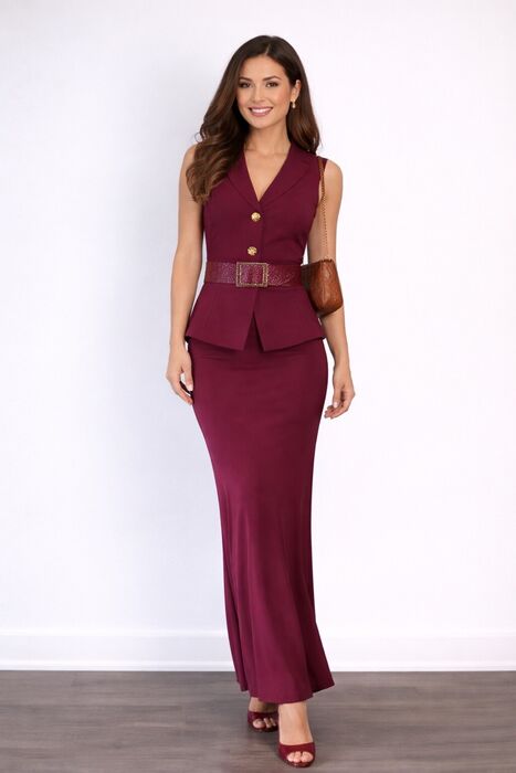 Conjunto bordeaux com colete estruturado e saia longa ajustada, de proposta elegante, sofisticada e feminina.