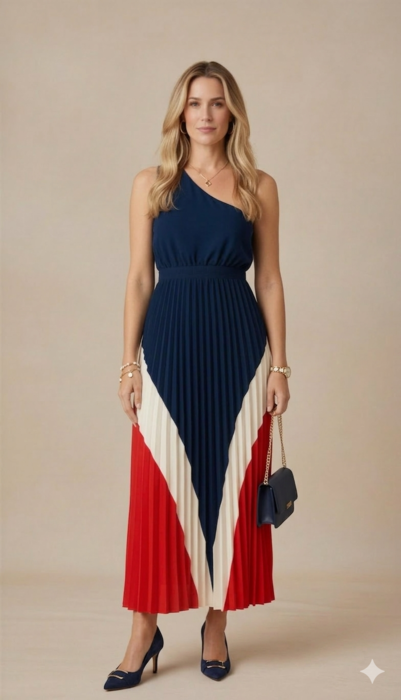 Vestido Étoile Tricolor Plissado em azul-marinho, off-white e vermelho, com design assimétrico de um ombro só, cintura marcada e saia midi plissada.