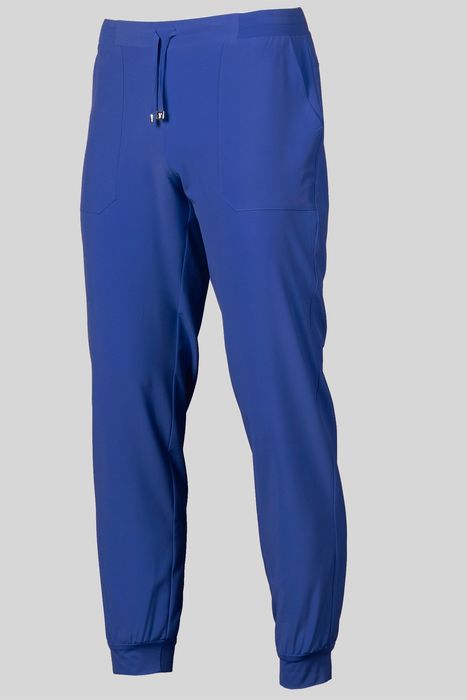 Calças jogger azuis com cordão na cintura, bolsos frontais e punhos elásticos