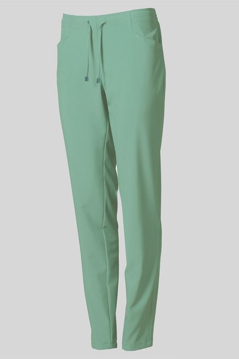 Calças femininas verde-água com cordão na cintura, bolsos frontais e corte direito