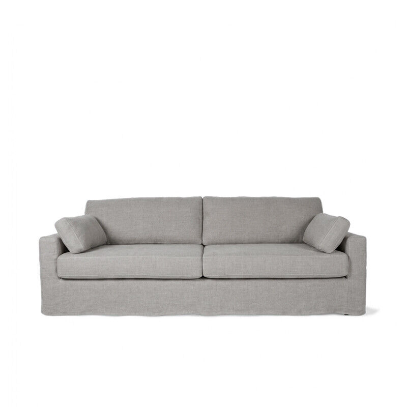 Upholstered Aphelion sofa in Linen Feel – Silver fabric, developed for hospitality and contract environments, available in 180, 210 and 250 cm widths.