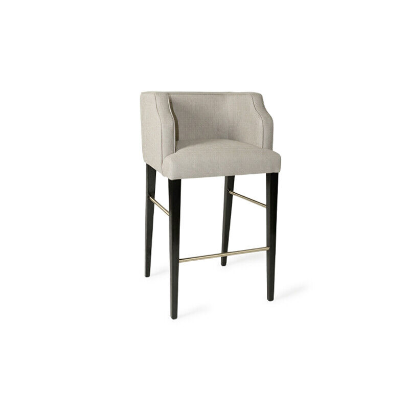 Atlas Bar Chair by HDL – upholstered bar chair in Linen Feel with black semi-gloss lacquered legs and brass footrest. Handcrafted in Portugal for hospitality and contract environments.