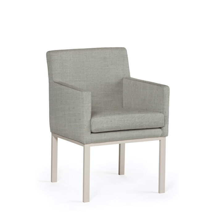 Apogee Chair by HDL – upholstered armchair in Linen Feel fabric with matte lacquered grey metal legs. Handcrafted in Portugal for hospitality and contract interiors.