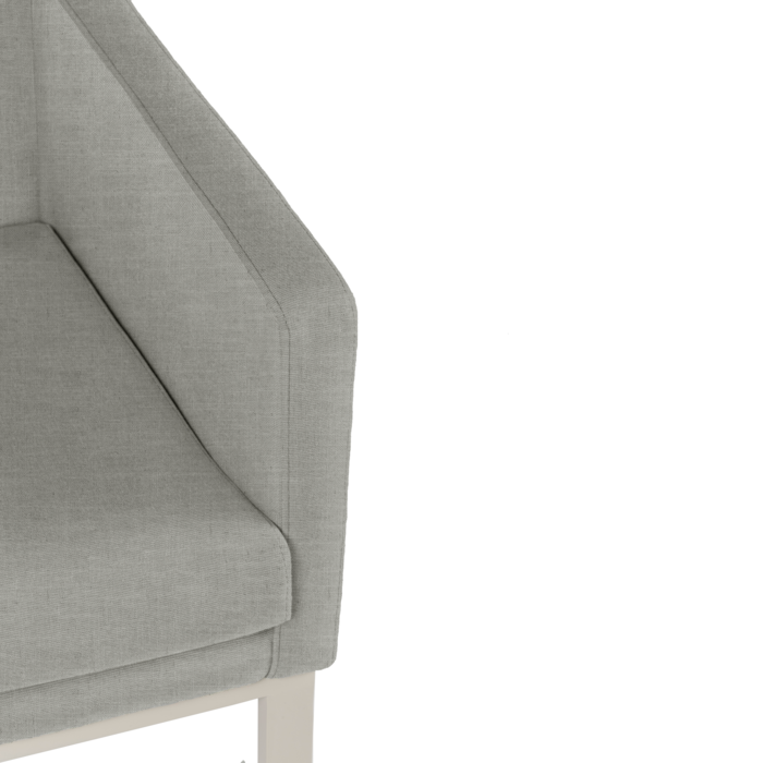 Apogee Chair by HDL – upholstered armchair in Linen Feel fabric with matte lacquered grey metal legs. Handcrafted in Portugal for hospitality and contract interiors.