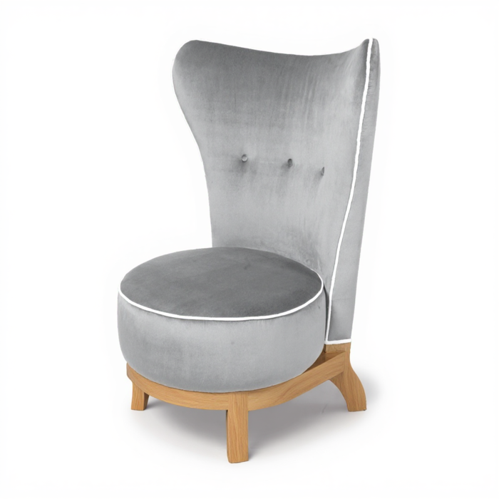 Nova Armchair by Hijo de la Luna – high-back upholstered armchair in Velvet – Fog with contrasting piping and a natural ash wood base. Handcrafted in Portugal.