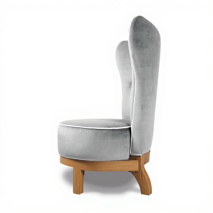 Nova Armchair by Hijo de la Luna – high-back upholstered armchair in Velvet – Fog with contrasting piping and a natural ash wood base. Handcrafted in Portugal.