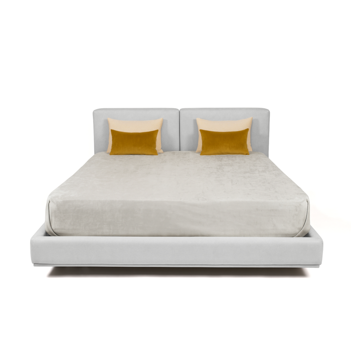 Perigee Bed by HDL – upholstered bed in velvet with a two-panel headboard and square lacquered metal legs. Handcrafted in Portugal for hospitality and contract interiors.
