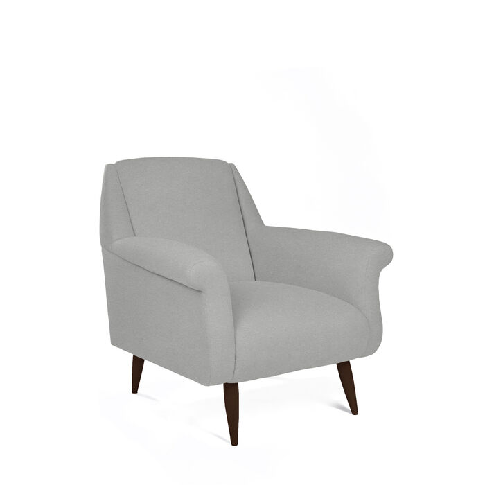 Selene Armchair by HDL – upholstered in Velvet – Fog with extra-matte dark ash legs and a retro-influenced silhouette. Handcrafted in Portugal for hospitality and contract interiors.