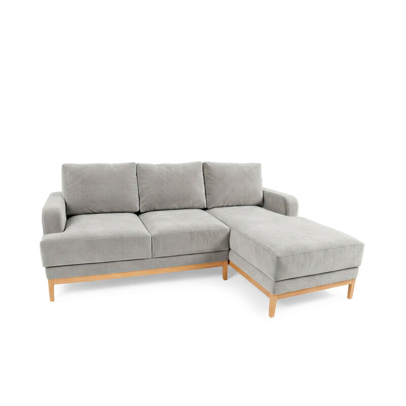 Node upholstered sofa with chaise, in Velvet – Fog, resting on solid ash feet.