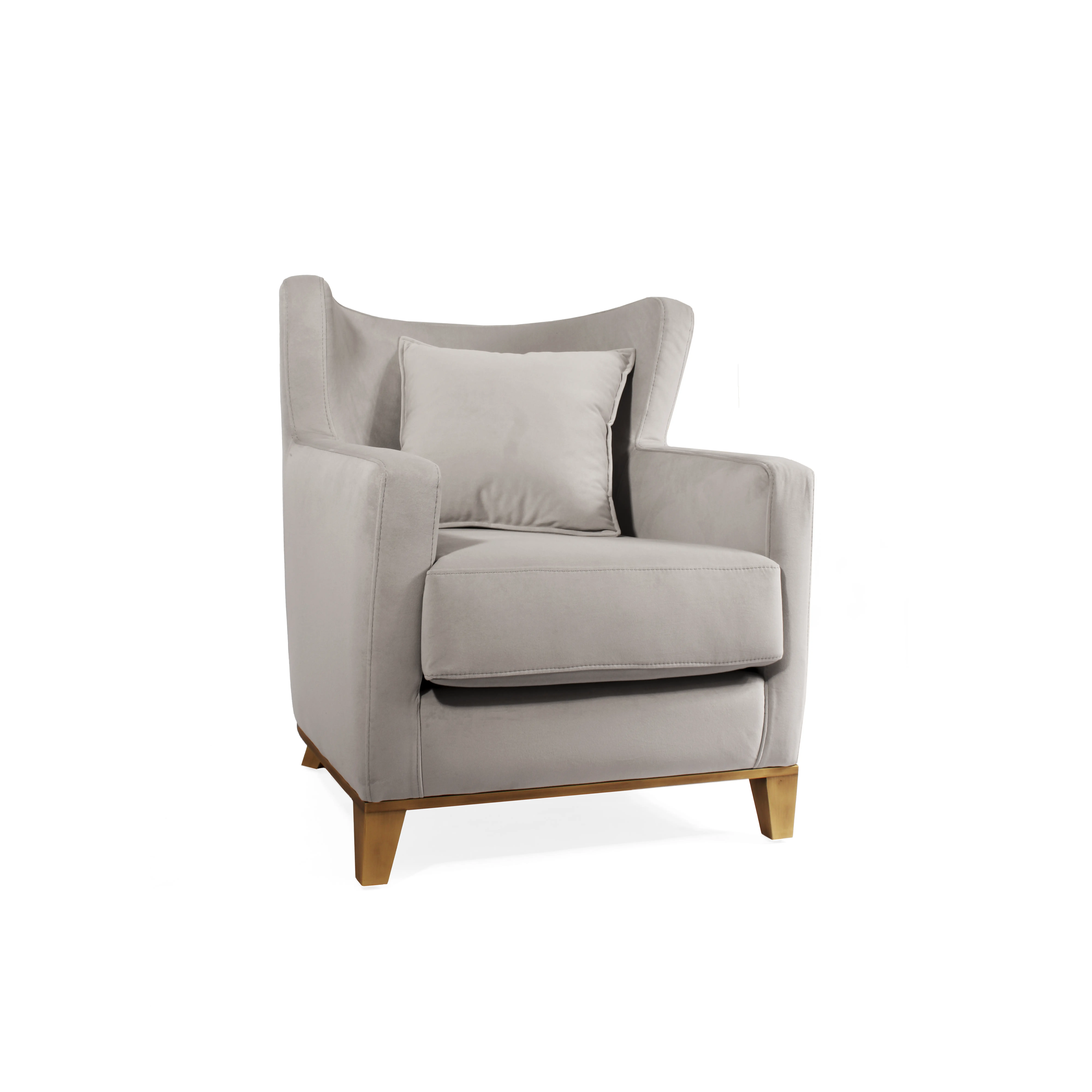 Orion Armchair by HDL – upholstered armchair with brushed brass legs and high-density foam cushion. Handcrafted in Portugal for hospitality and contract interiors.