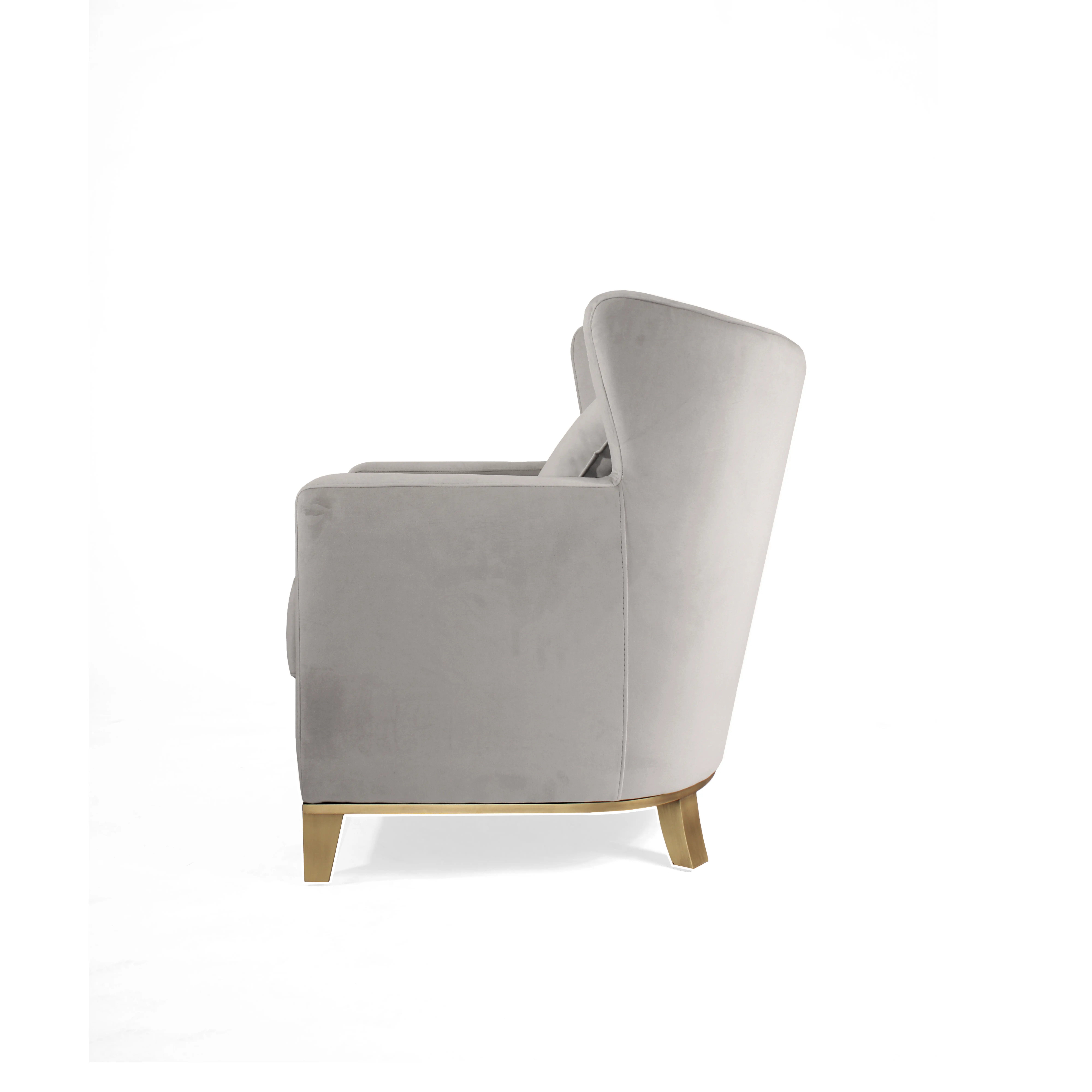 Orion Armchair by HDL – upholstered armchair with brushed brass legs and high-density foam cushion. Handcrafted in Portugal for hospitality and contract interiors.
