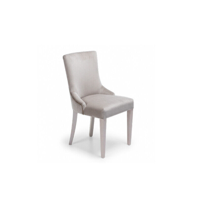 Umbra Chair by HDL – upholstered dining chair in Velvet – Fog with studded trim and solid ash legs in a white finish. Handcrafted in Portugal for hospitality and contract interiors.