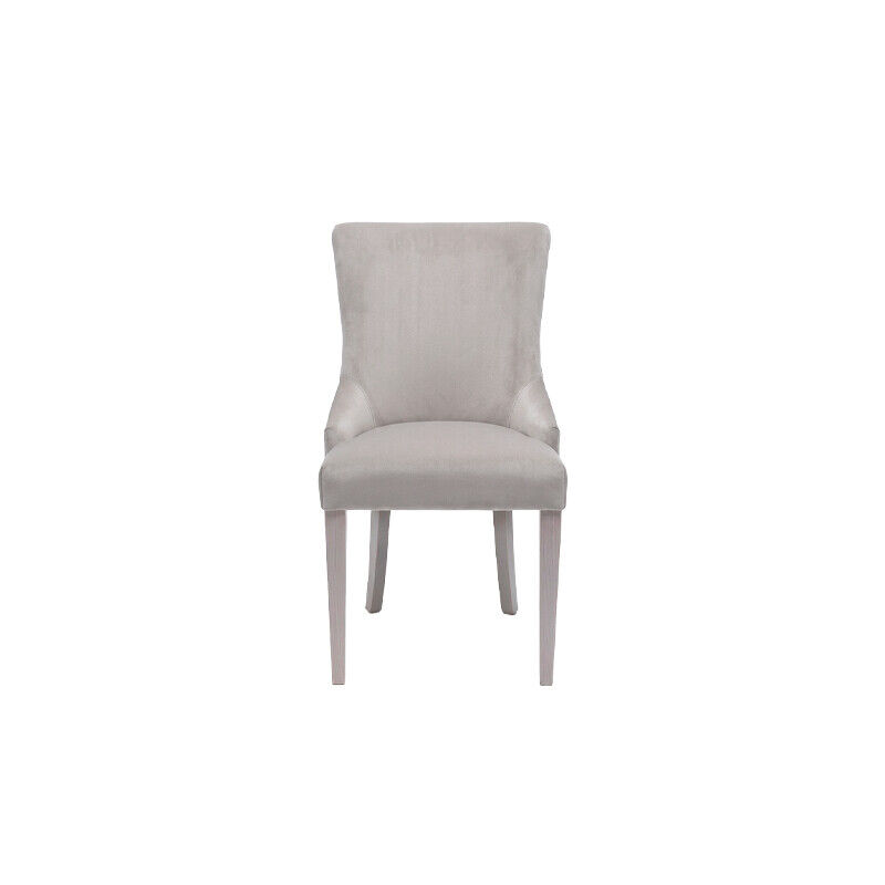 Umbra Chair by HDL – upholstered dining chair in Velvet – Fog with studded trim and solid ash legs in a white finish. Handcrafted in Portugal for hospitality and contract interiors.