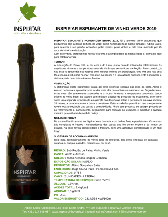 KIT 2 GARRAFAS - ESPUMANTE HOMENAGEM BRUTO 2019 - VINHO VERDE DOC