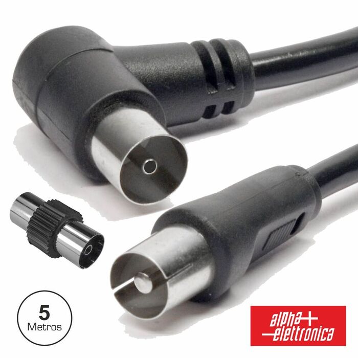 Cabo Coaxial 90º Macho/Fêmea + Adaptador Preto 5m Alpha Elettronica