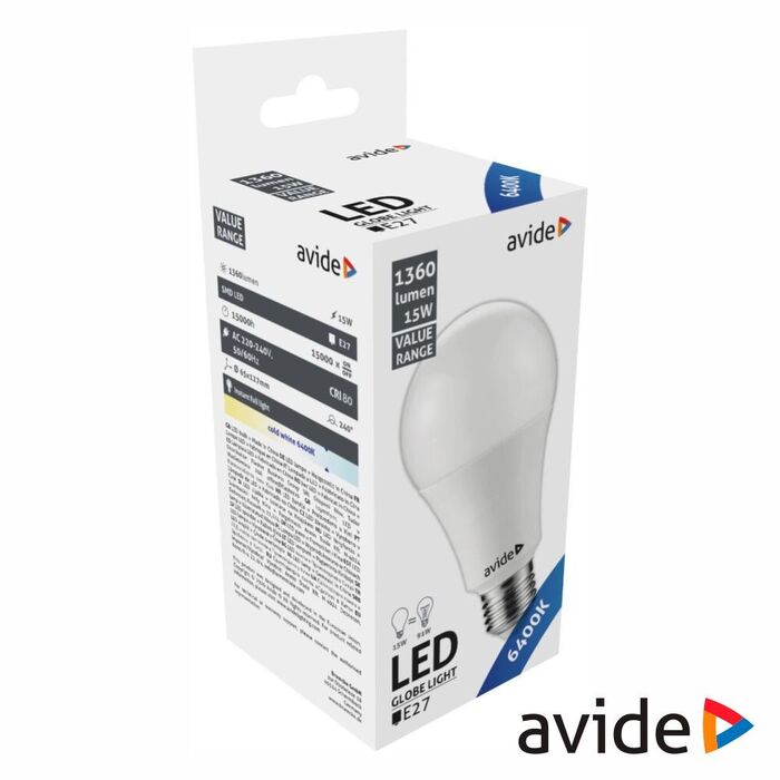 Lâmpada LED E27 G60 15W 6400K 1360lm Value Range AVIDE