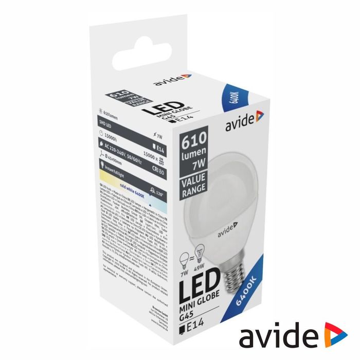 Lâmpada LED E14 G45 7W 230V 6400k 610lm Valeu Range AVIDE