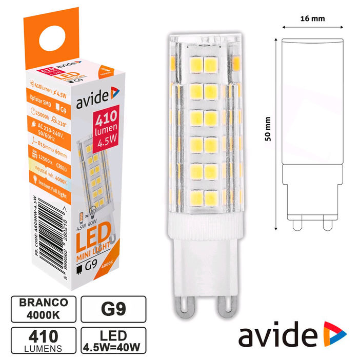 Lâmpada LED G9 4.5W 4000K 410lm Avide