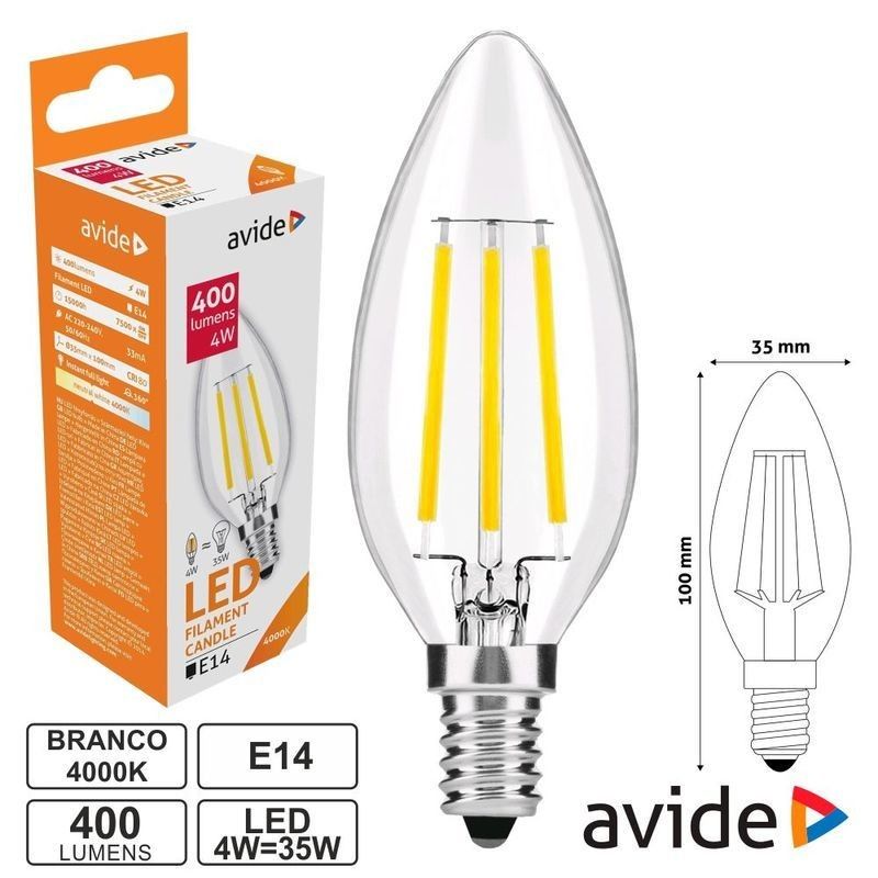 Lâmpada LED E14 Vela Filamento 4W 230V 4000k 480lm AVIDE