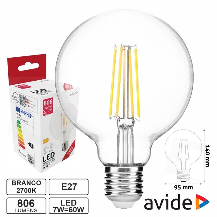 Lâmpada LED E27 HF G95 Filamento 7W 2700K 860lm Avide