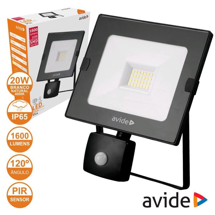 Projetor LED 20W 230V C/ Sensor 4000k 1600lm IP44 Preto AVIDE