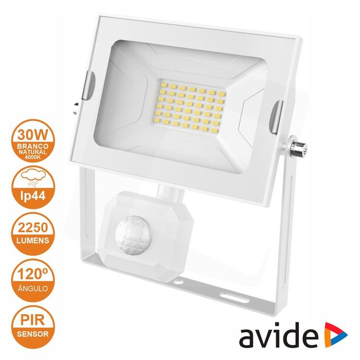 Projetor LED 30W C/ Sensor 4000K 2250lm IP44 Branco AVIDE