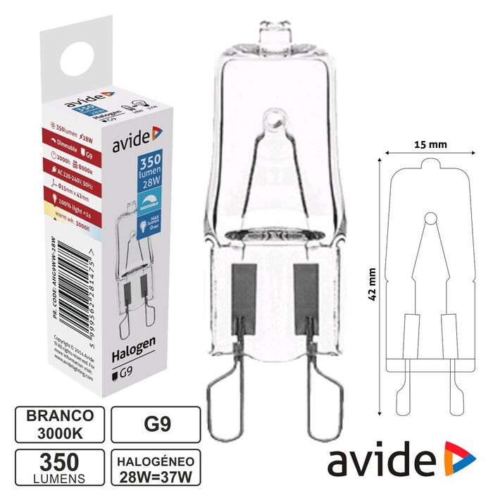 Lâmpada Halogénio G9 28W=37W 230V 350lm Avide