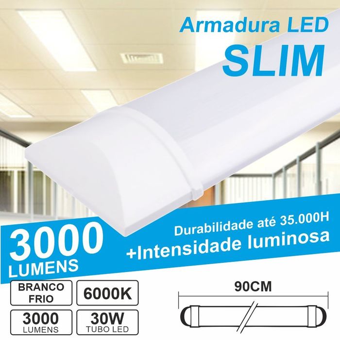 Armadura Saliente LED 90cm 30W IP20 6000K 3000lm Branco