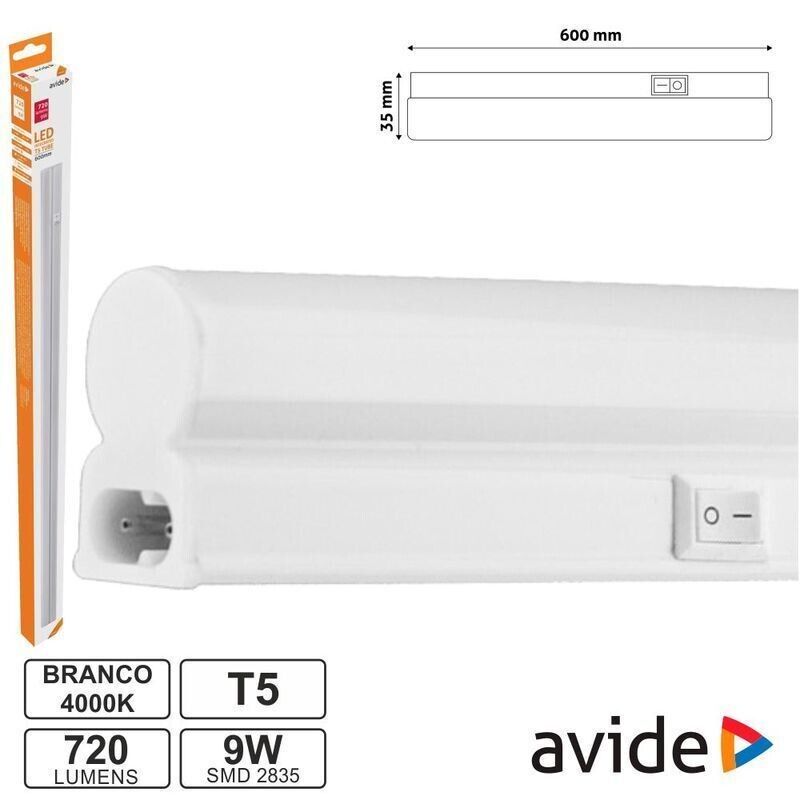 Armadura Régua LED 9W T5 60cm 6000K C/Interrup. Avide