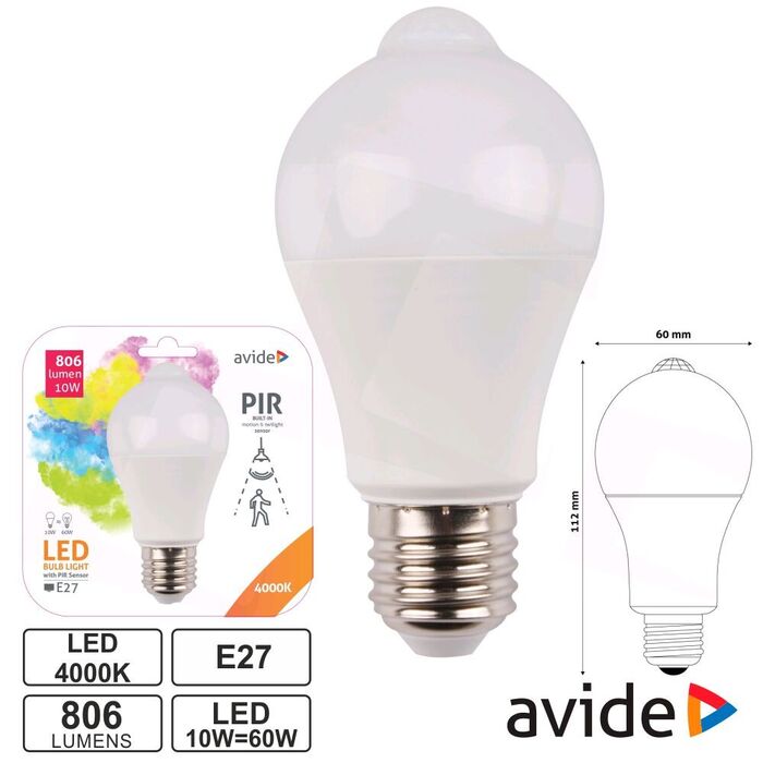 Lâmpada E27 10W LED Globo Sensor PIR 4000K 806lm AVIDE