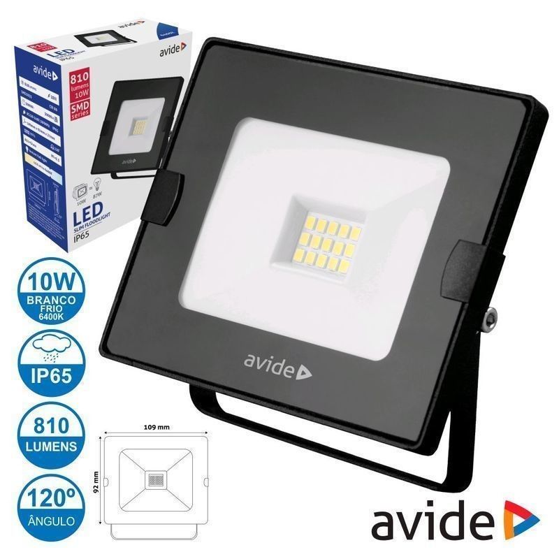 Projetor LED 10W 230V 6400K 810lm Preto IP65 AVIDE