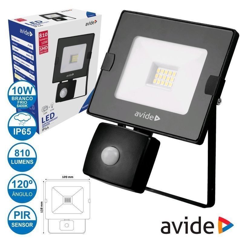 Projetor LED 10W 230V C/ Sensor 6400k 810lm IP44 Preto AVIDE