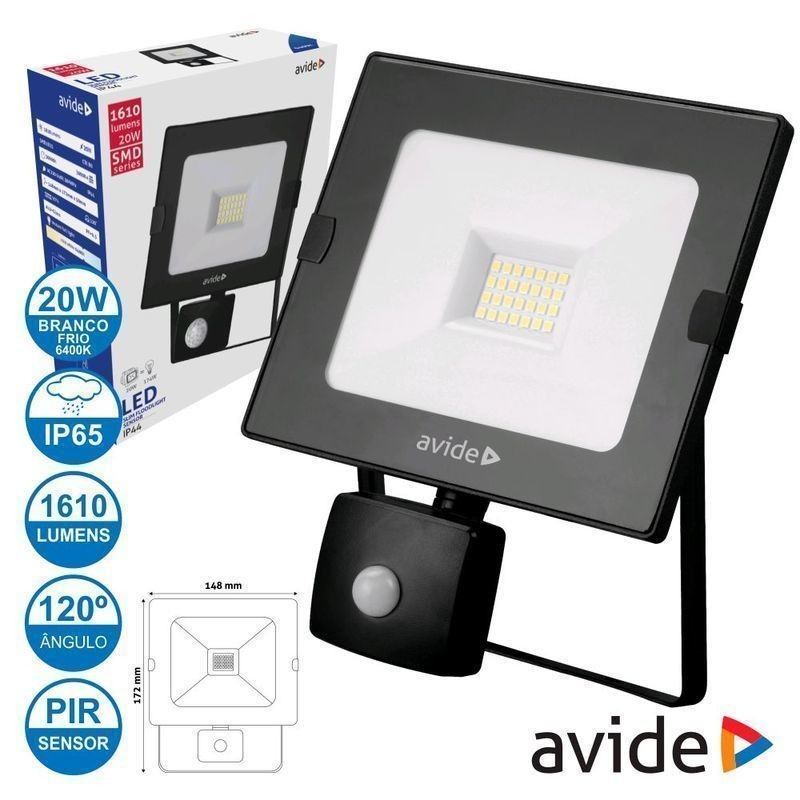 Projetor LED 20W 230V C/ Sensor 6400k 1610lm IP44 Preto AVIDE