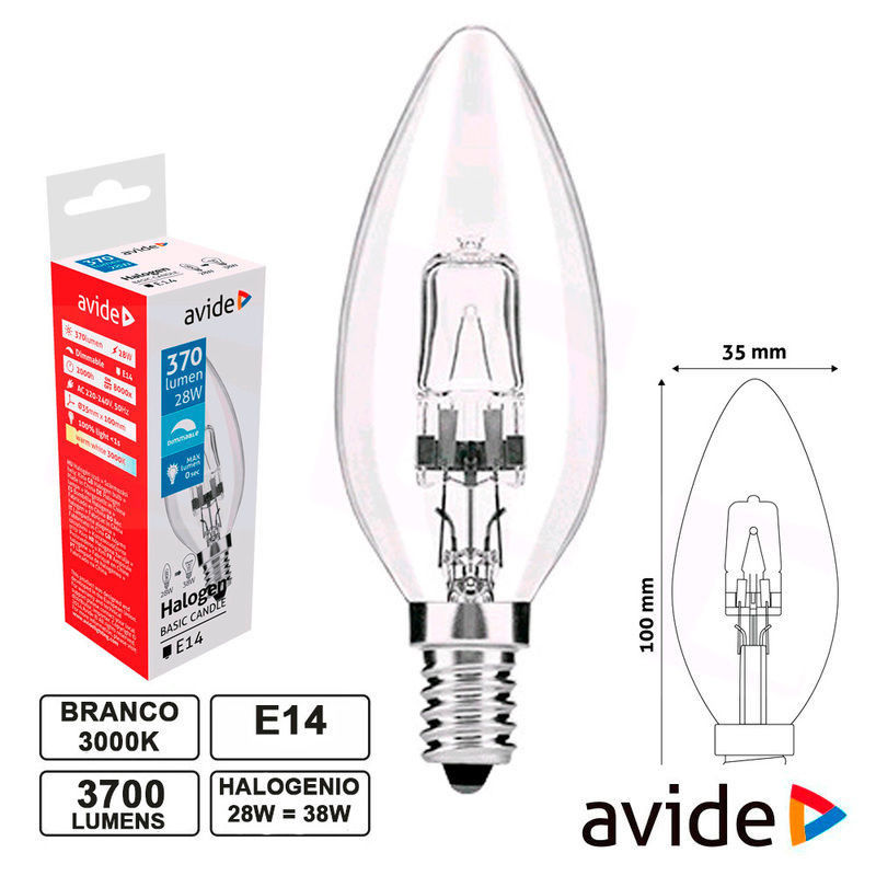 Lâmpada E14 28W=38W 230V Halogéneo Vela 370lm AVIDE