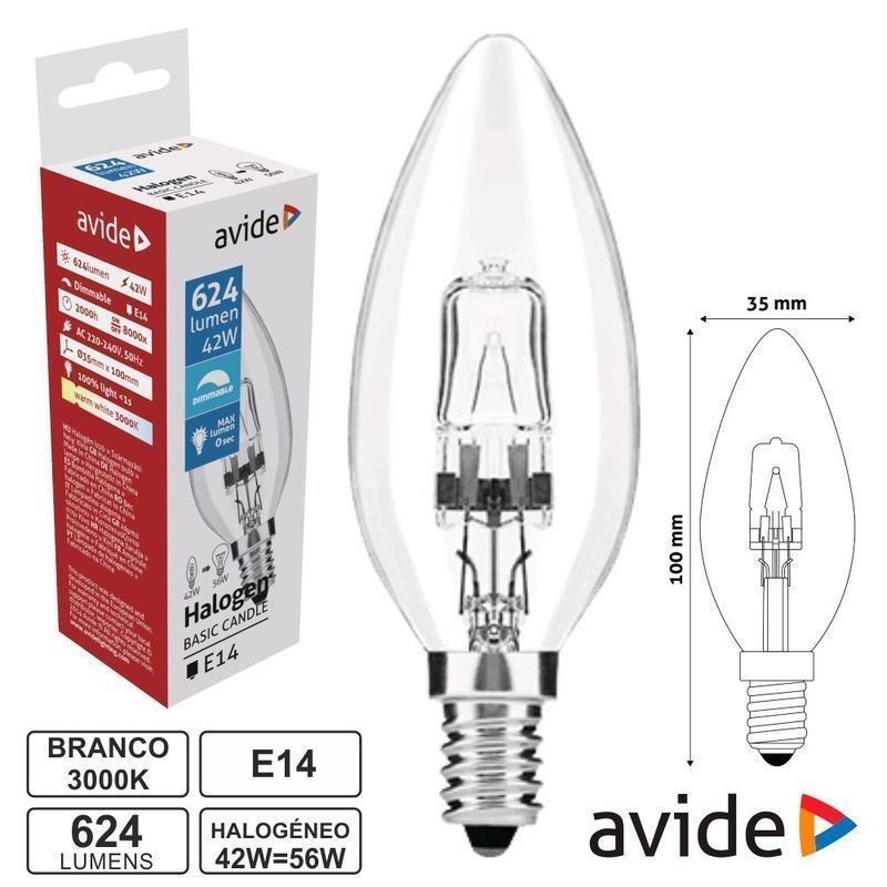 Lâmpada Halogénio E14 42W=56W 230V Vela 624lm AVIDE