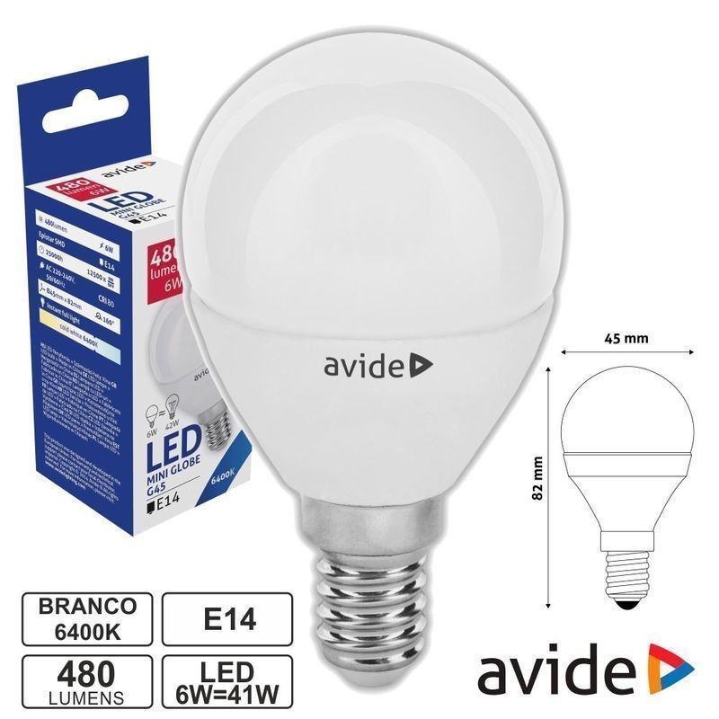 Lâmpada LED E14 Globo G45 6W 230V 6400k 480lm AVIDE