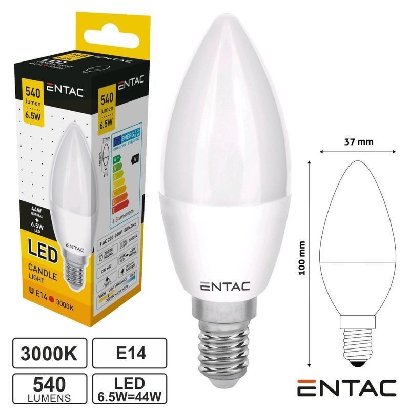 Lâmpada LED E14 Vela 6.5W 3000K 540lm ENTAC