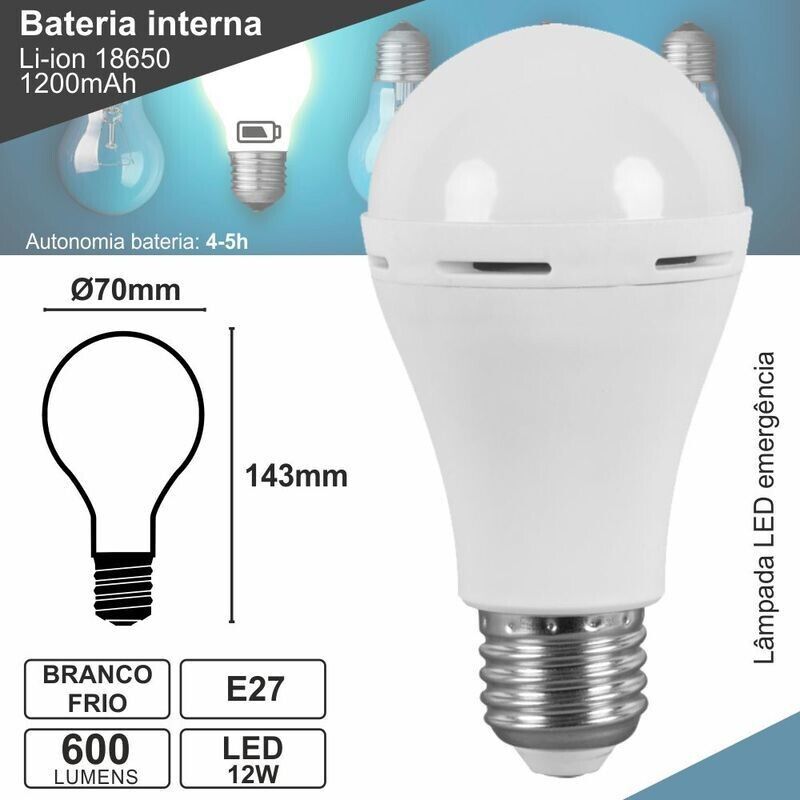 Lâmpada E27 C/ Luz Emergência 12W Branco Frio