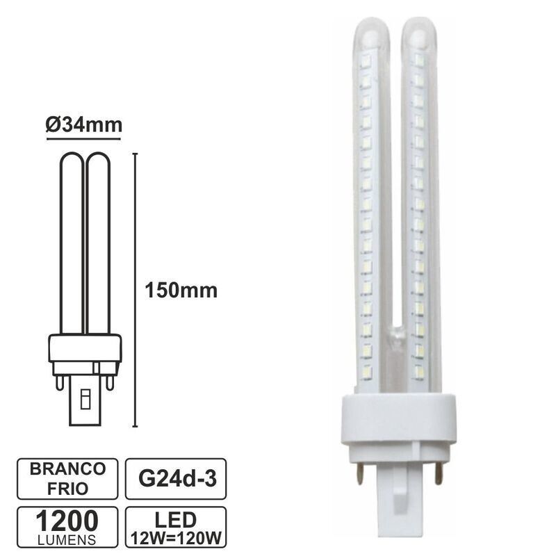 Lâmpada G24 PLC 2U 12W LED Branco Frio 1200lm Aigostar