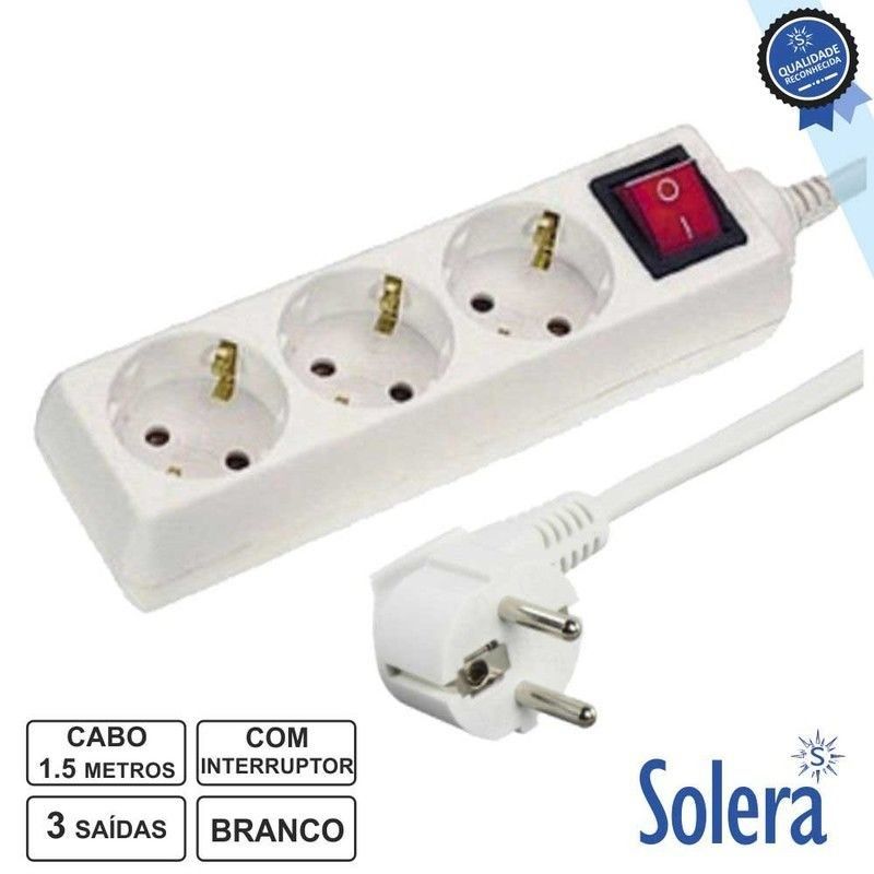 Tomada Elétrica C/ 3 Saídas interruptor 1.5mt 3X1.5mm Solera