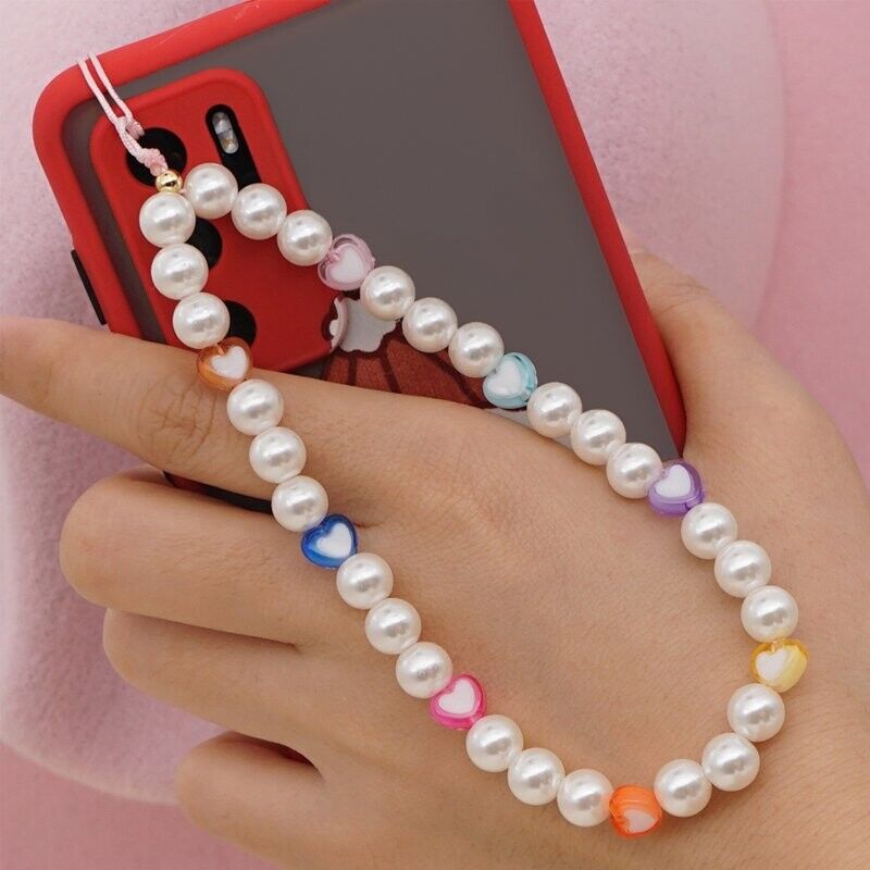 Pingente Pulseira Universal Pulseira para Smartphone Pérolas Corações