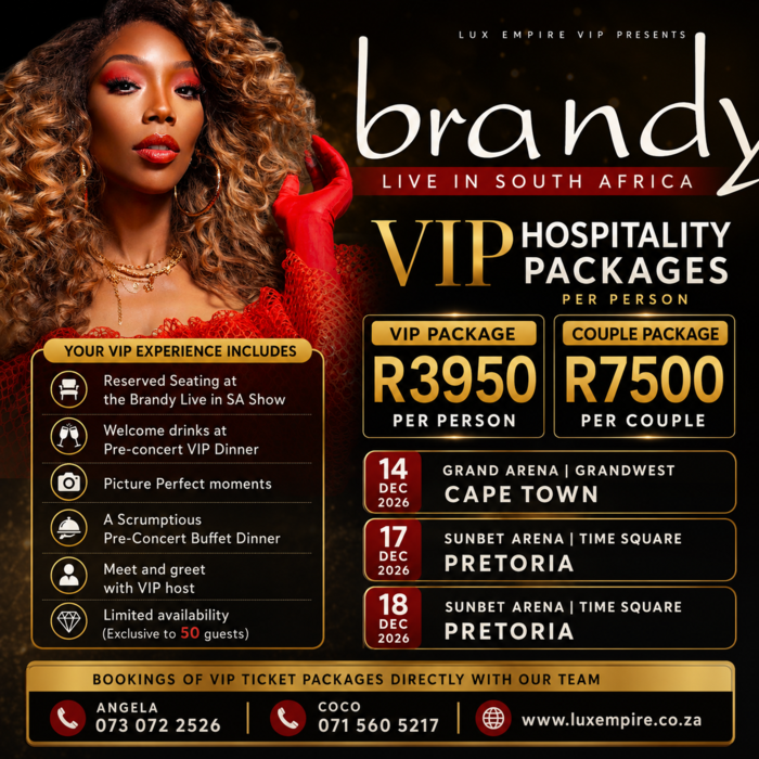 Brandy Live in South Africa VIP Experience - 17 December 2026 - Sun Arena Pretoria Menlyn 