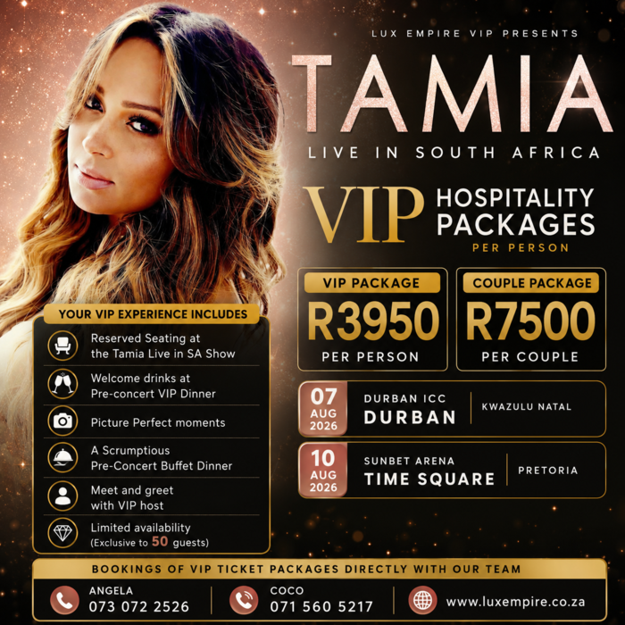 Tamia Live in South Africa VIP Experience - 10 August 2026 - Sun Arena Pretoria Menlyn 