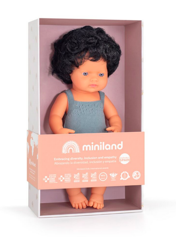  Boneco Caucasiano Cabelo Preto Encaracolado 38cm - Miniland 