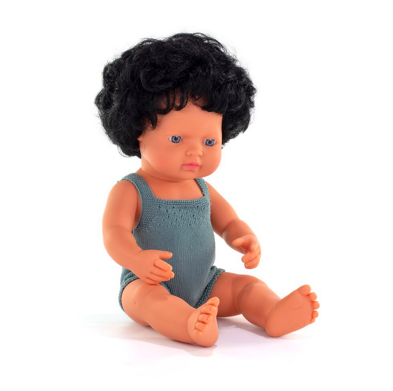  Boneco Caucasiano Cabelo Preto Encaracolado 38cm - Miniland 